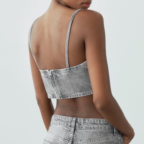 Zara light grey shiny denim crop foil sequin top made in Europe NWT - Picture 11 of 11